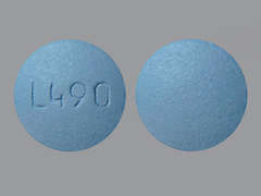 This is a light blue round Tablet imprinted with L490 on the front, nothing on the back, and is manufactured by TOPCO.
