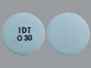 Roxybond: Esto es un Tableta Sólo Por Uso Oral azul redondo imprimido con IDT  O 30 en la parte delantera, nada en la parte posterior, y es fabricado por PROTEGA PHARMAC.