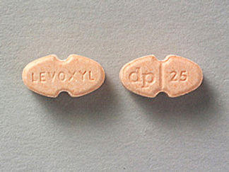 This is a Tablet imprinted with LEVOXYL on the front, dp  25 on the back.