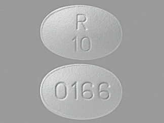 This is a Tablet imprinted with R  10 on the front, 0166 on the back.