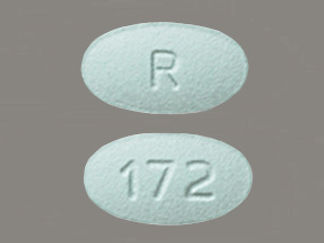 Esto es un Tableta imprimido con R en la parte delantera, 172 en la parte posterior, y es fabricado por None.