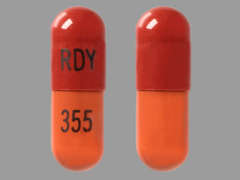 This is a swedish orange oblong Capsule imprinted with RDY on the front, 355 on the back, and is manufactured by DR.REDDY'S LAB.