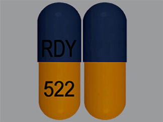 This is a Capsule imprinted with RDY on the front, 522 on the back.