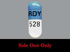 This is a dark blue oblong Capsule imprinted with RDY on the front, 528 on the back, and is manufactured by DR.REDDY'S LAB.