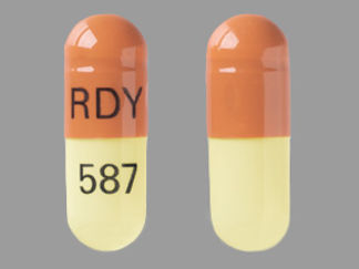 This is a Capsule imprinted with RDY on the front, 587 on the back.