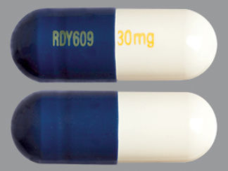 Esto es un Cápsula Dr imprimido con RDY609 en la parte delantera, 30 mg en la parte posterior, y es fabricado por None.