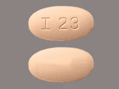 Esto es un Tableta pale orange oval imprimido con I 23 en la parte delantera, nada en la parte posterior, y es fabricado por AVET PHARMACEUT.