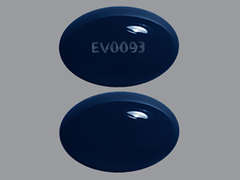 Esto es un Cápsula azul oscuro oval imprimido con EV0093 en la parte delantera, nada en la parte posterior, y es fabricado por EXELTIS USA, IN.