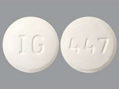 Esto es un Tableta blanco redondo imprimido con IG en la parte delantera, 447 en la parte posterior, y es fabricado por EXELAN PHARMACE.