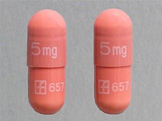 Esto es un Cápsula imprimido con 5 mg 5mg en la parte delantera, logo and 657 logo and 657 en la parte posterior, y es fabricado por None.