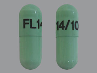 This is a Capsule Sprinkle Er 24 Hr imprinted with FL 14/10 on the front, nothing on the back.