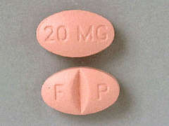 This is a pink oval Tablet imprinted with 20 MG on the front, F  P on the back, and is manufactured by FOREST/ALLERGAN.
