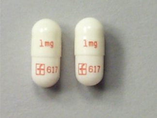 This is a Capsule imprinted with 1 mg on the front, logo and 617 on the back.