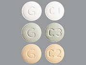 Viorele: This is a multi-color (3) round Tablet imprinted with C1 or C2 or C3 on the front, G on the back, and is manufactured by GLENMARK PHARMA.