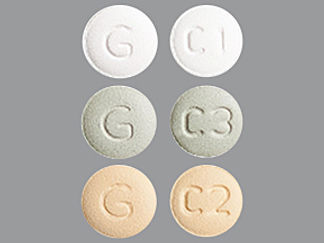 This is a Tablet imprinted with C1 or C2 or C3 on the front, G on the back.
