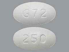 Esto es un Tableta blanco oval imprimido con G72 en la parte delantera, 250 en la parte posterior, y es fabricado por GLENMARK PHARMA.