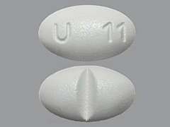 Esto es un Tableta blanco oval imprimido con U 11 en la parte delantera, nada en la parte posterior, y es fabricado por GLENMARK PHARMA.