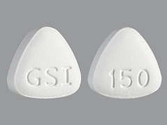 Esto es un Tableta blanco triangular imprimido con GSI en la parte delantera, 150 en la parte posterior, y es fabricado por GILEAD SCIENCES.