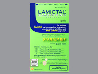 Esto es un Tableta Empaque De Dosis imprimido con LAMICTAL  25 or LAMICTAL  100 en la parte delantera, nada en la parte posterior, y es fabricado por None.