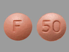 Esto es un Tableta rosado redondo imprimido con F en la parte delantera, 50 en la parte posterior, y es fabricado por AUROBINDO PHARM.