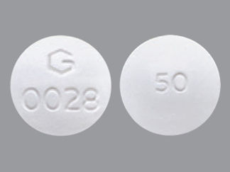 This is a Tablet Immediate D Release Biphase imprinted with G  0028 on the front, 50 on the back.