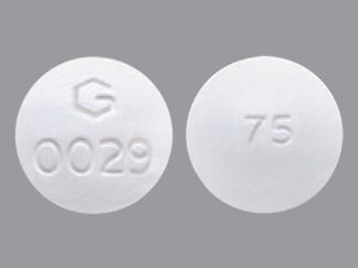 This is a Tablet Immediate D Release Biphase imprinted with G  0029 on the front, 75 on the back.