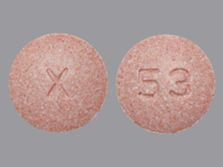 This is a Tablet Chewable imprinted with X on the front, 53 on the back.