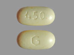 This is a yellow elliptical Tablet imprinted with G on the front, 450 on the back, and is manufactured by GREENSTONE/MYLA.