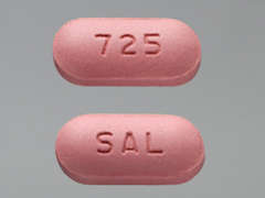 Esto es un Tableta pinkish-brown oblongo imprimido con SAL en la parte delantera, 725 en la parte posterior, y es fabricado por STRIDES PHARMA.