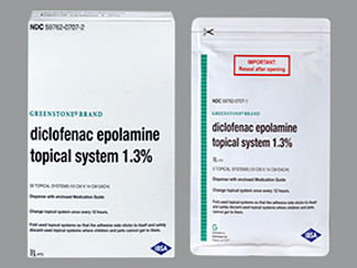 Esto es un Parche Transdérmico 12 Horas imprimido con GREENSTONE<DICLOFENAC EPOLAMINE>1.3% en la parte delantera, nada en la parte posterior, y es fabricado por None.