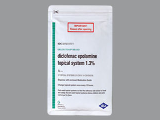 Esto es un Parche Transdérmico 12 Horas imprimido con GREENSTONE<DICLOFENAC EPOLAMINE>1.3% en la parte delantera, nada en la parte posterior, y es fabricado por None.