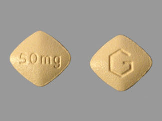 This is a Tablet imprinted with G on the front, 50mg on the back.