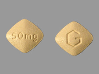 Esto es un Tableta imprimido con G en la parte delantera, 50mg en la parte posterior, y es fabricado por None.