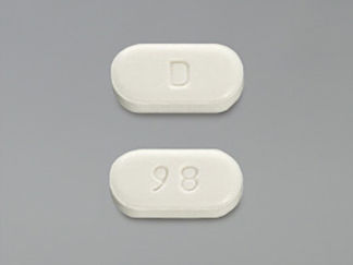 This is a Tablet Chewable Dispersible imprinted with D on the front, 98 on the back.