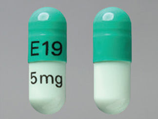 Esto es un Cápsula imprimido con E19 en la parte delantera, 5 mg en la parte posterior, y es fabricado por None.