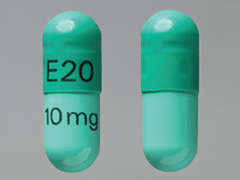 This is a light green oblong Capsule imprinted with E20 on the front, 10 mg on the back, and is manufactured by AUROBINDO PHARM.