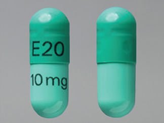 Esto es un Cápsula imprimido con E20 en la parte delantera, 10 mg en la parte posterior, y es fabricado por None.