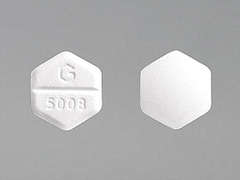 This is a white hexagonal Tablet imprinted with G  5008 on the front, nothing on the back, and is manufactured by GREENSTONE/MYLA.