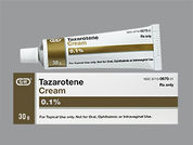 Tazarotene: Esto es un Crema imprimido con nada en la parte delantera, nada en la parte posterior, y es fabricado por None.