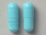Cardizem Cd: This is a light turquoise blue oblong Capsule Er 24 Hr imprinted with cardizem CD  120 mg on the front, nothing on the back, and is manufactured by BAUSCH HEALTH U.
