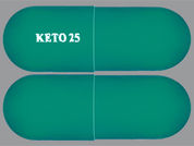 Kiprofen: Esto es un Cápsula imprimido con KETO25 en la parte delantera, nada en la parte posterior, y es fabricado por None.