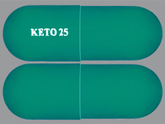 Esto es un Cápsula imprimido con KETO25 en la parte delantera, nada en la parte posterior, y es fabricado por None.