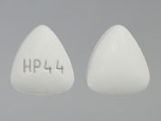 Leflunomide: This is a white triangular Tablet imprinted with HP 44 on the front, nothing on the back, and is manufactured by AVET PHARMACEUT.