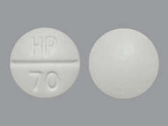 This is a white round Tablet imprinted with HP  70 on the front, nothing on the back, and is manufactured by NORTHSTAR RX LL.