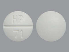 This is a white round Tablet imprinted with HP  71 on the front, nothing on the back, and is manufactured by AVET PHARMACEUT.