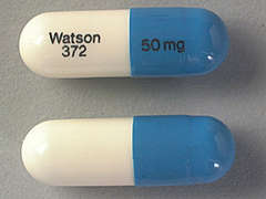 This is a white oblong Capsule imprinted with Watson  372 on the front, 50 mg on the back, and is manufactured by ACTAVIS/TEVA.