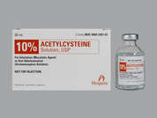 Acetylcysteine: Esto es un Vial transparente imprimido con nada en la parte delantera, nada en la parte posterior, y es fabricado por HOSPIRA/PFIZER.