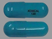Xenical: Esto es un Cápsula imprimido con XENICAL  120 en la parte delantera, nada en la parte posterior, y es fabricado por None.