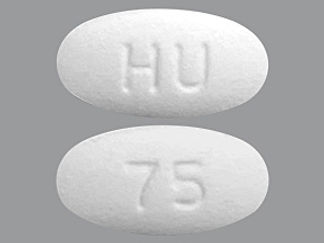 This is a Tablet imprinted with HU on the front, 75 on the back.