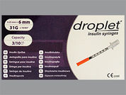 Droplet Insulin Syringe: This is a Syringe Empty Disposable imprinted with nothing on the front, nothing on the back.